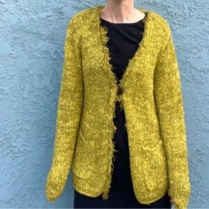 Vintage Chicos Linen Blend Chartreuse Lagonlook Cardigan Fringe size Large